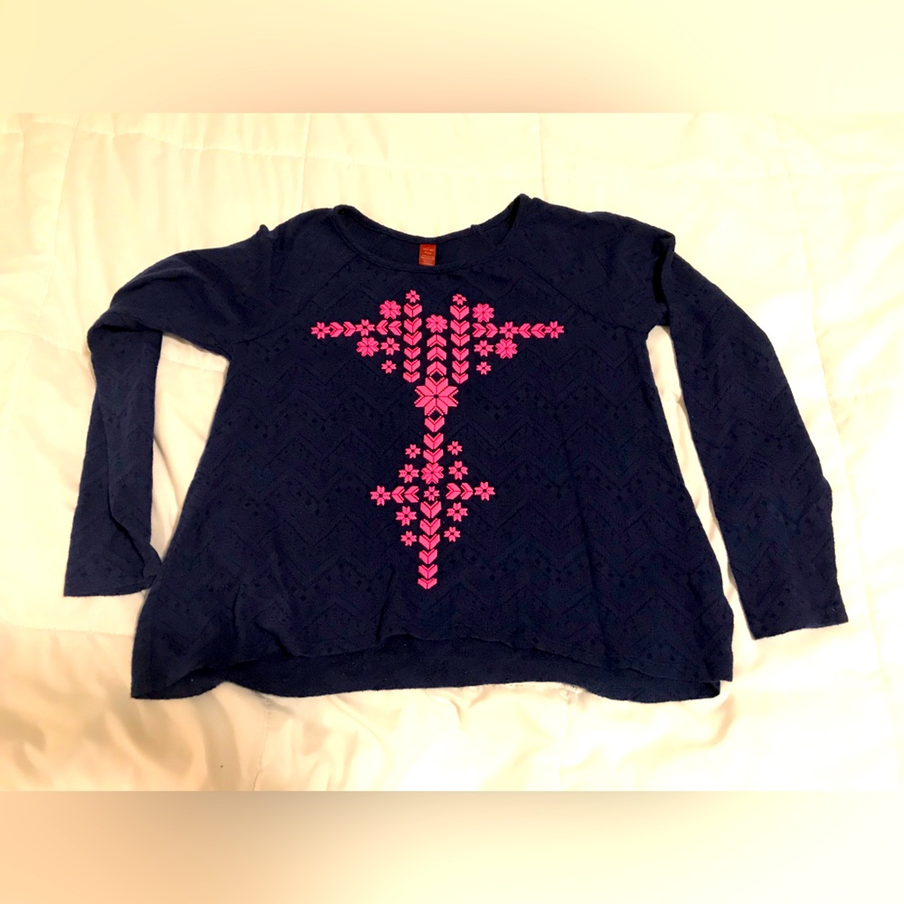 Girls large (plus size—adds a little width) 14/16 navy blue with pink pattern G